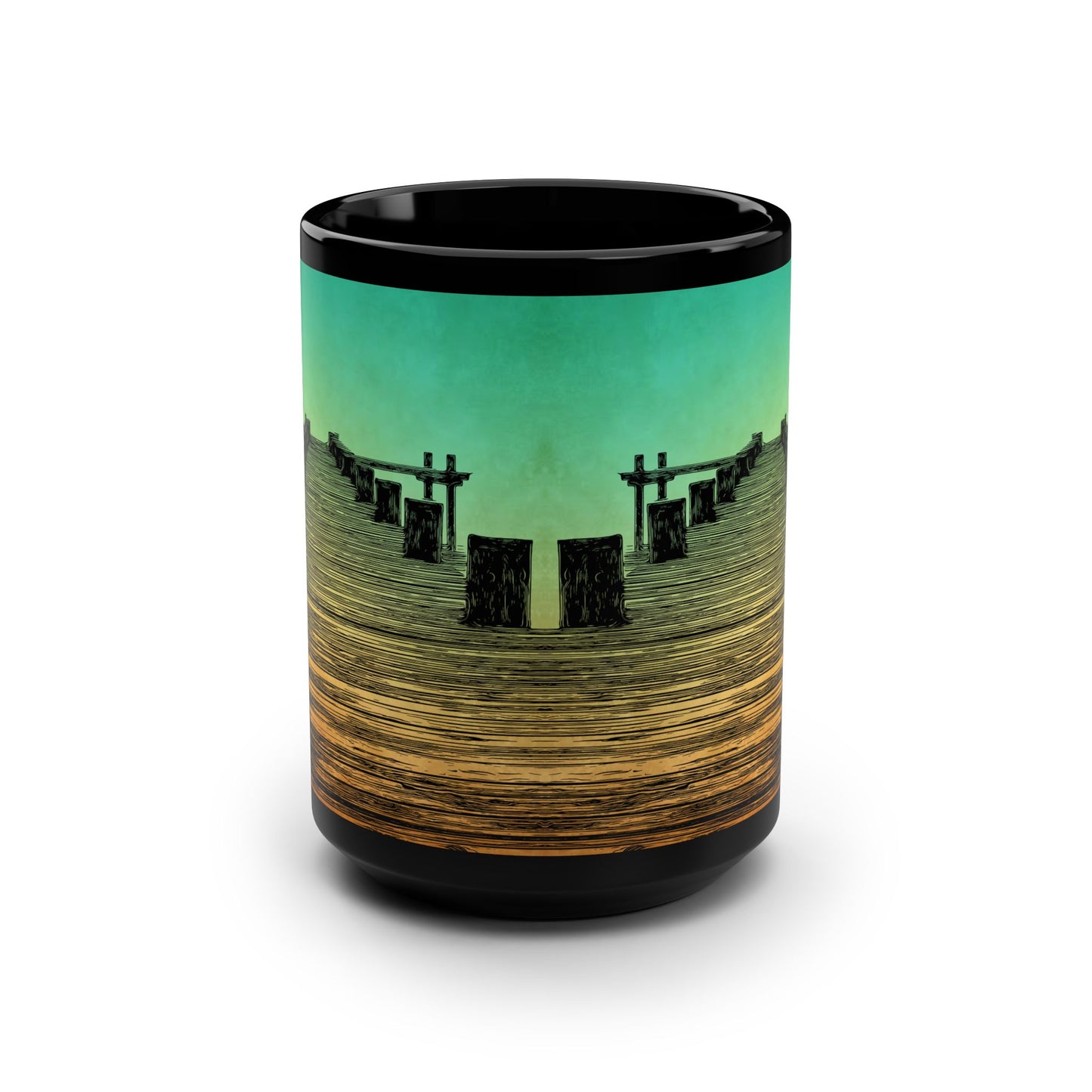Mug - Serene Sunset Pier 15oz Black Coffee Cup for Nature Lovers with Green Color Accent