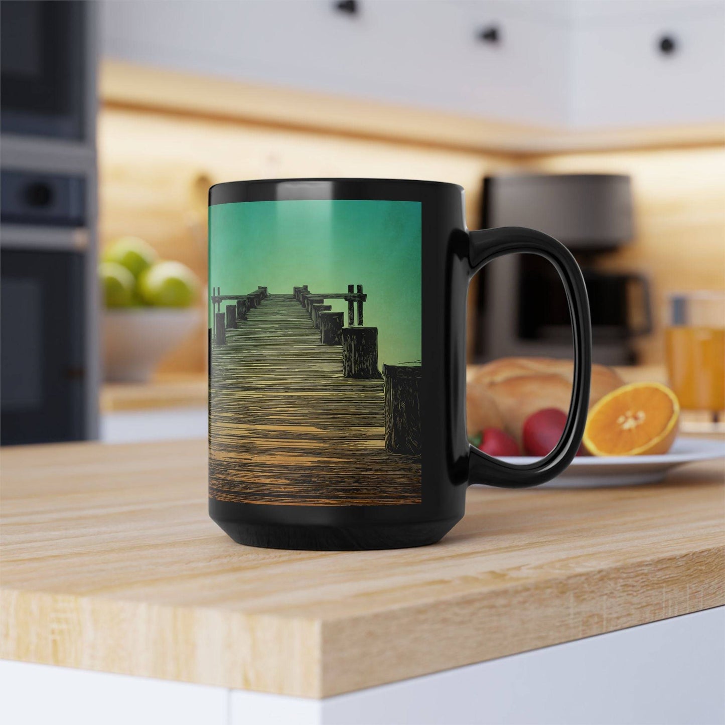 Mug - Serene Sunset Pier 15oz Black Coffee Cup for Nature Lovers with Green Color Accent