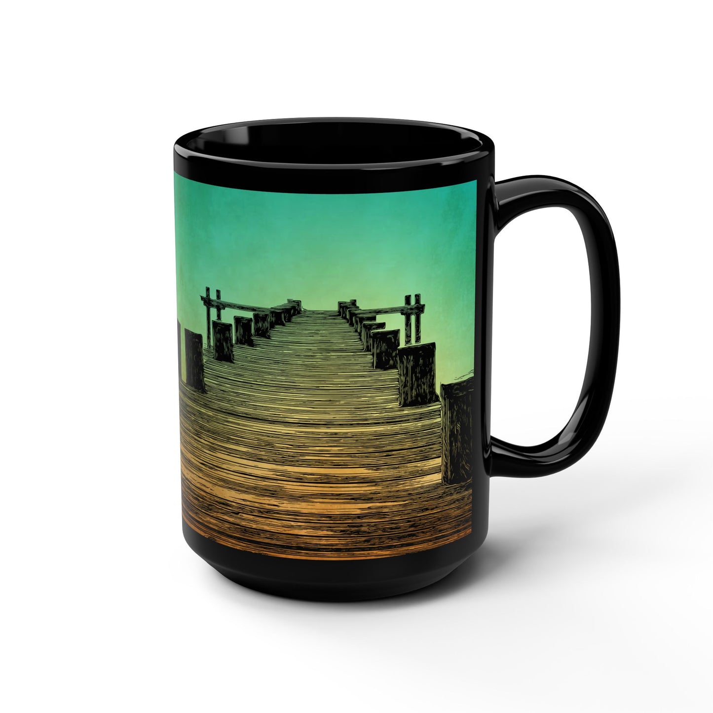 Mug - Serene Sunset Pier 15oz Black Coffee Cup for Nature Lovers with Green Color Accent