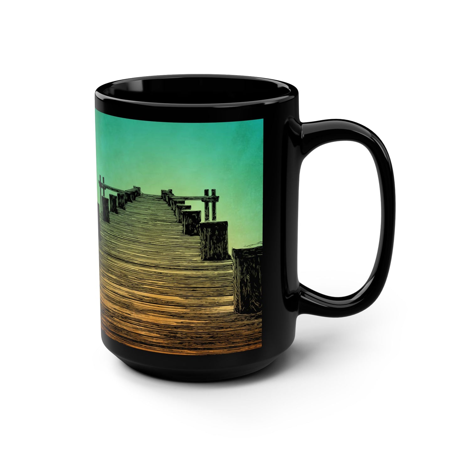 Mug - Serene Sunset Pier 15oz Black Coffee Cup for Nature Lovers with Green Color Accent