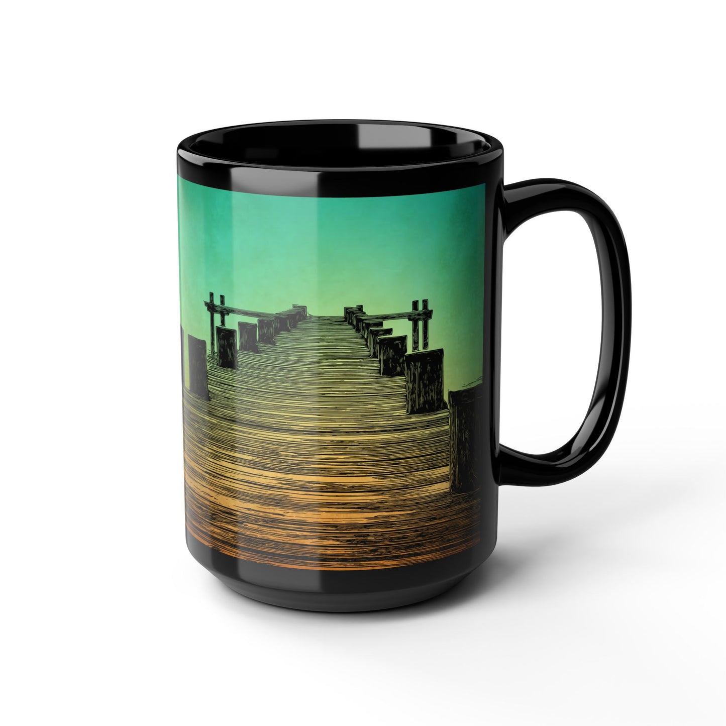 Mug - Serene Sunset Pier 15oz Black Coffee Cup for Nature Lovers with Green Color Accent
