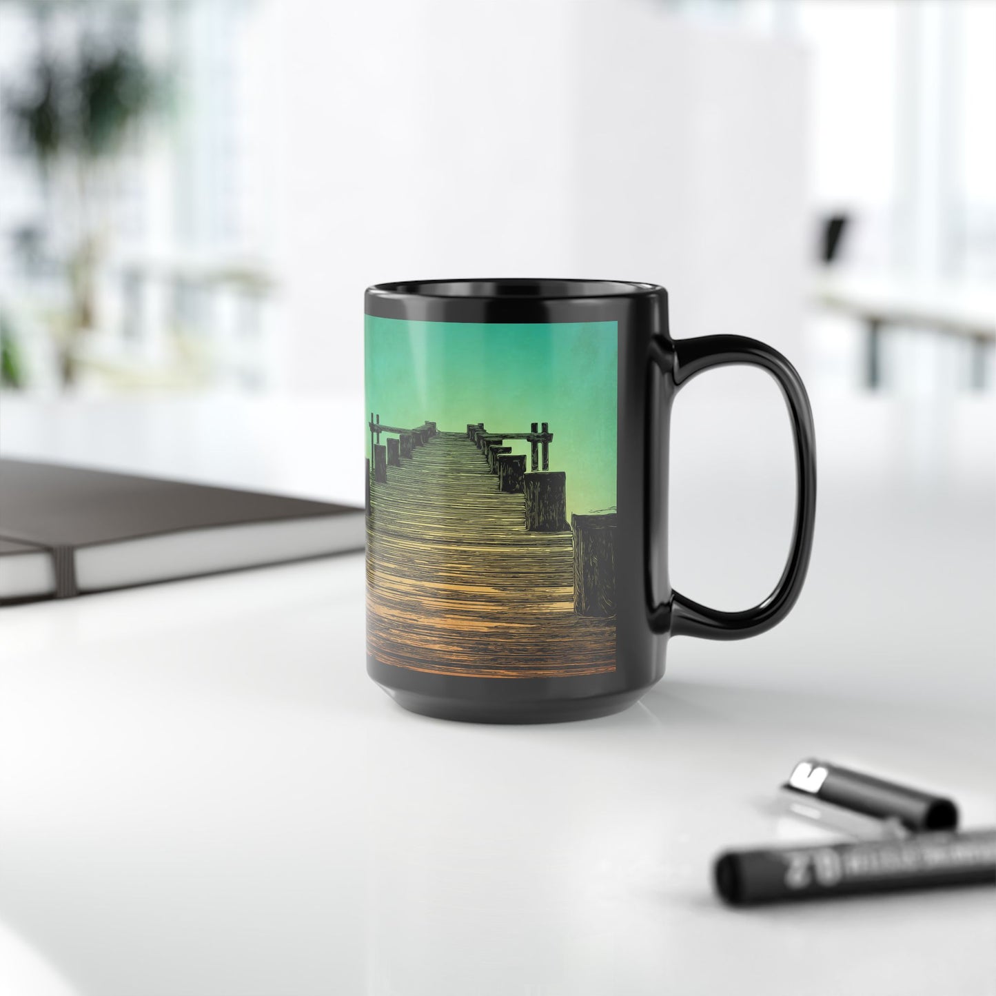 Mug - Serene Sunset Pier 15oz Black Coffee Cup for Nature Lovers with Green Color Accent