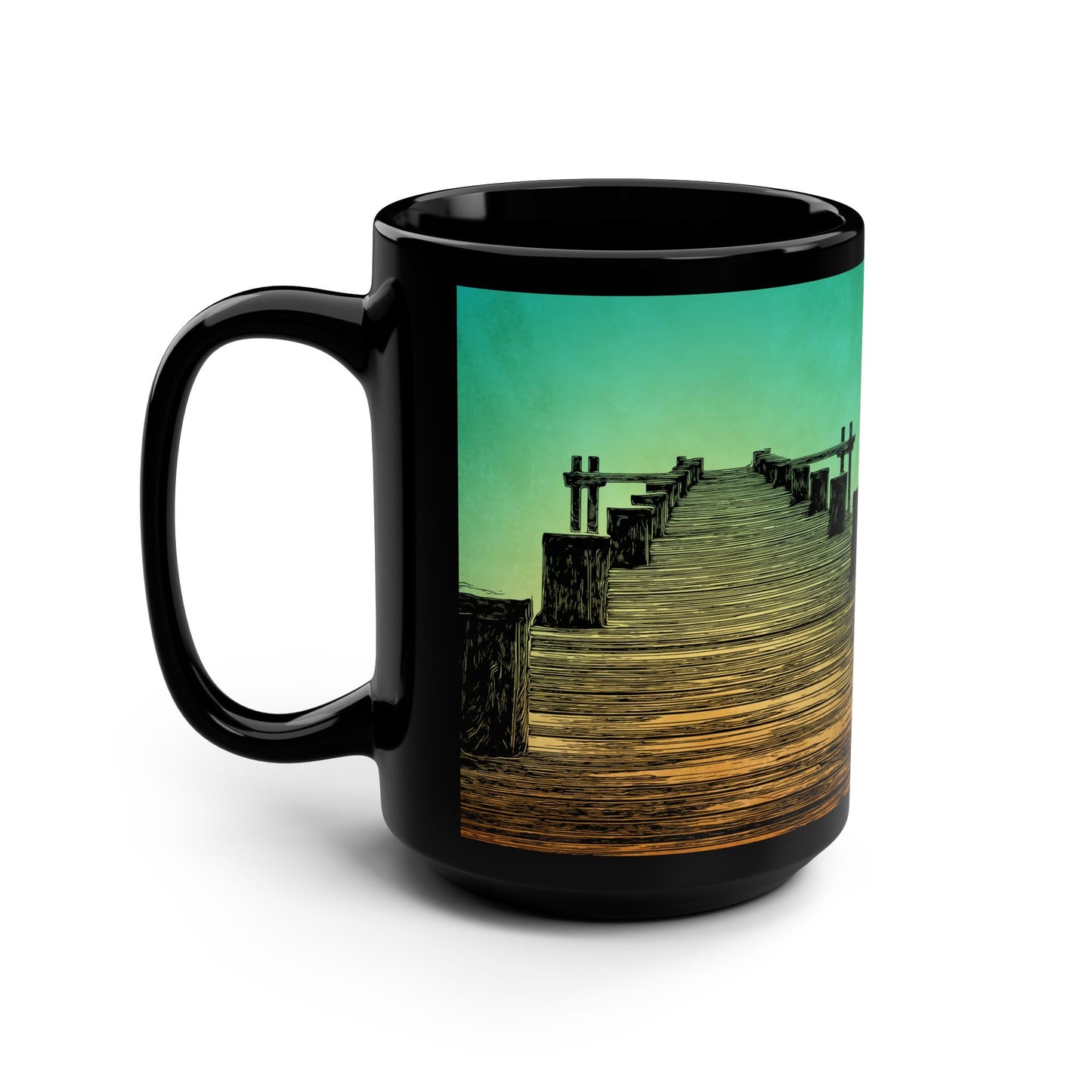 Mug - Serene Sunset Pier 15oz Black Coffee Cup for Nature Lovers with Green Color Accent