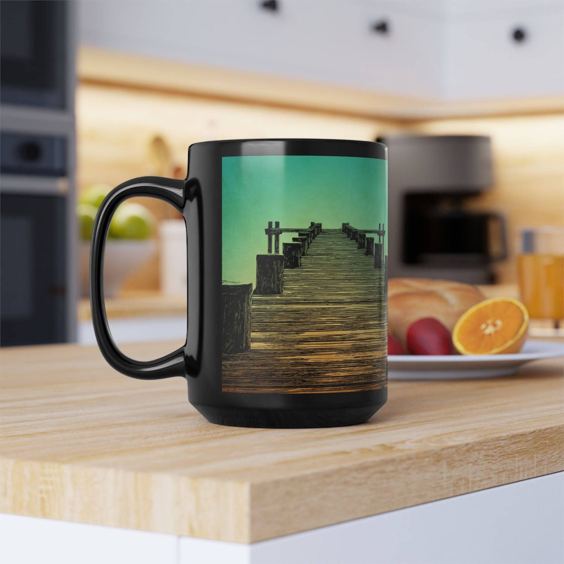 Mug - Serene Sunset Pier 15oz Black Coffee Cup for Nature Lovers with Green Color Accent
